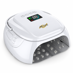 A white ACOS LED beauty lamp with a digital display screen on the lid, side handles, and a transparent front panel showing the internal LED light array, set against a plain white background.