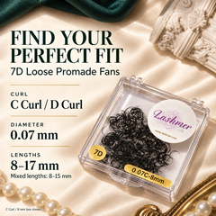 Promotional product image for 7D loose promade fans of the brand Lashmer. The black curled eyelash fans are displayed inside a clear plastic box on a beige satin fabric background with decorative pearls and a gold mirror frame.