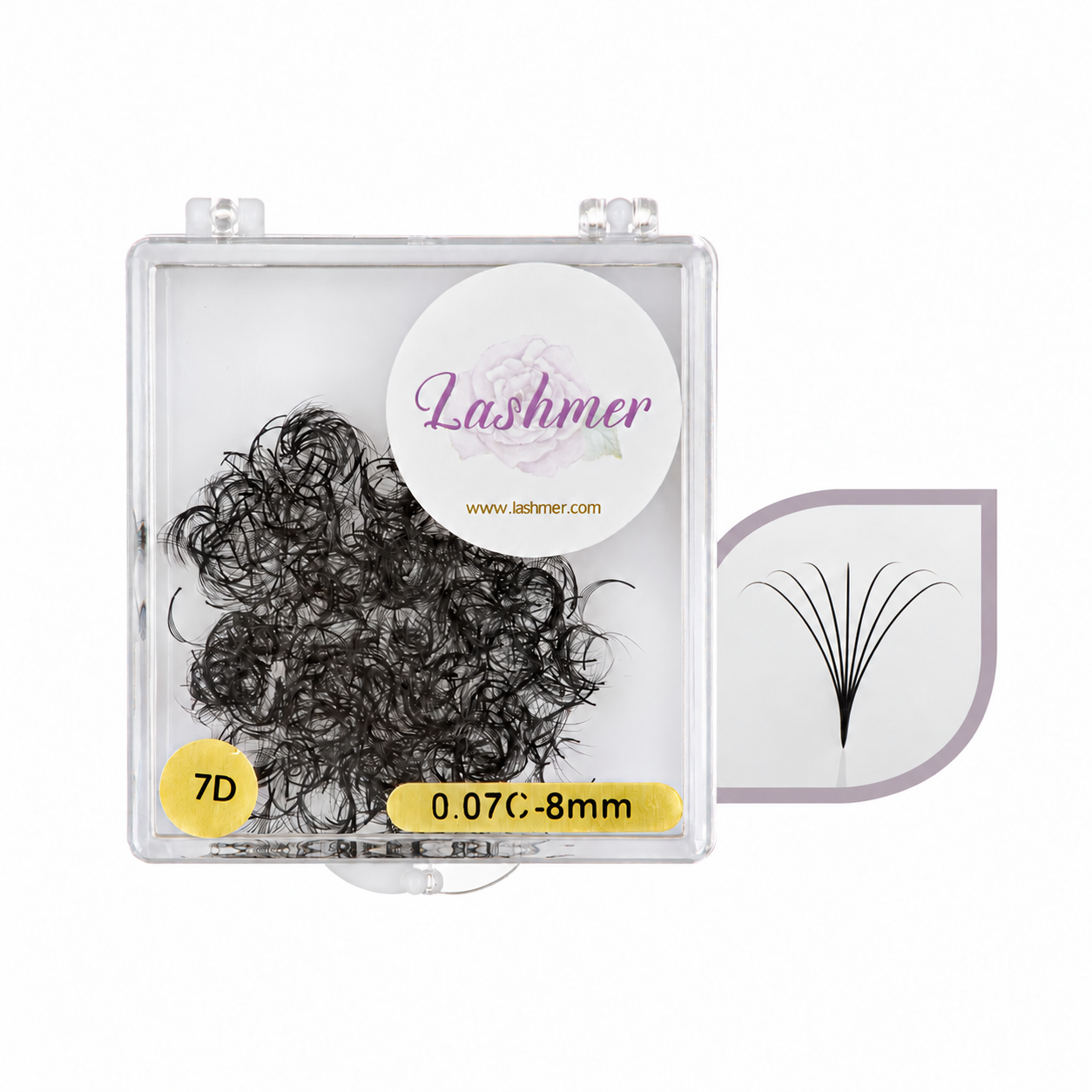 A package of Lashmer 7D eyelash clusters, showing a clear plastic case filled with black curled lash fibers and an informational graphic of a single lash fan on a white background.