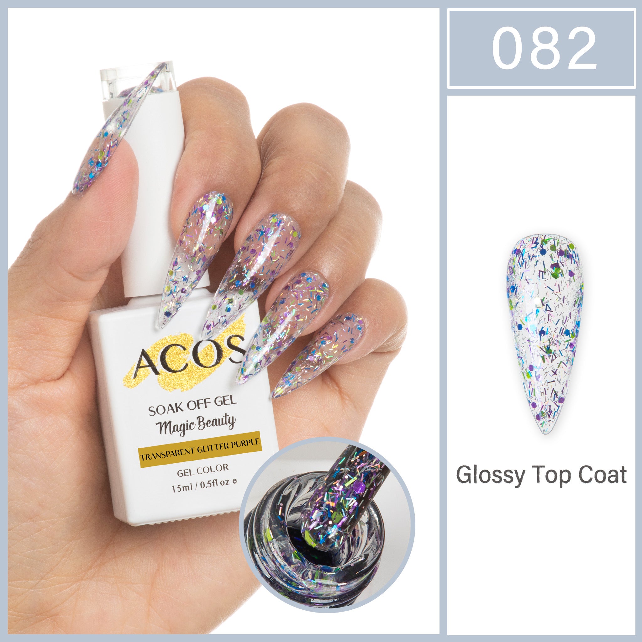 ACOS Magic Beauty Gel Polish Colour TRANSPARENT GLITTER PURPLE (082) - Lashmer