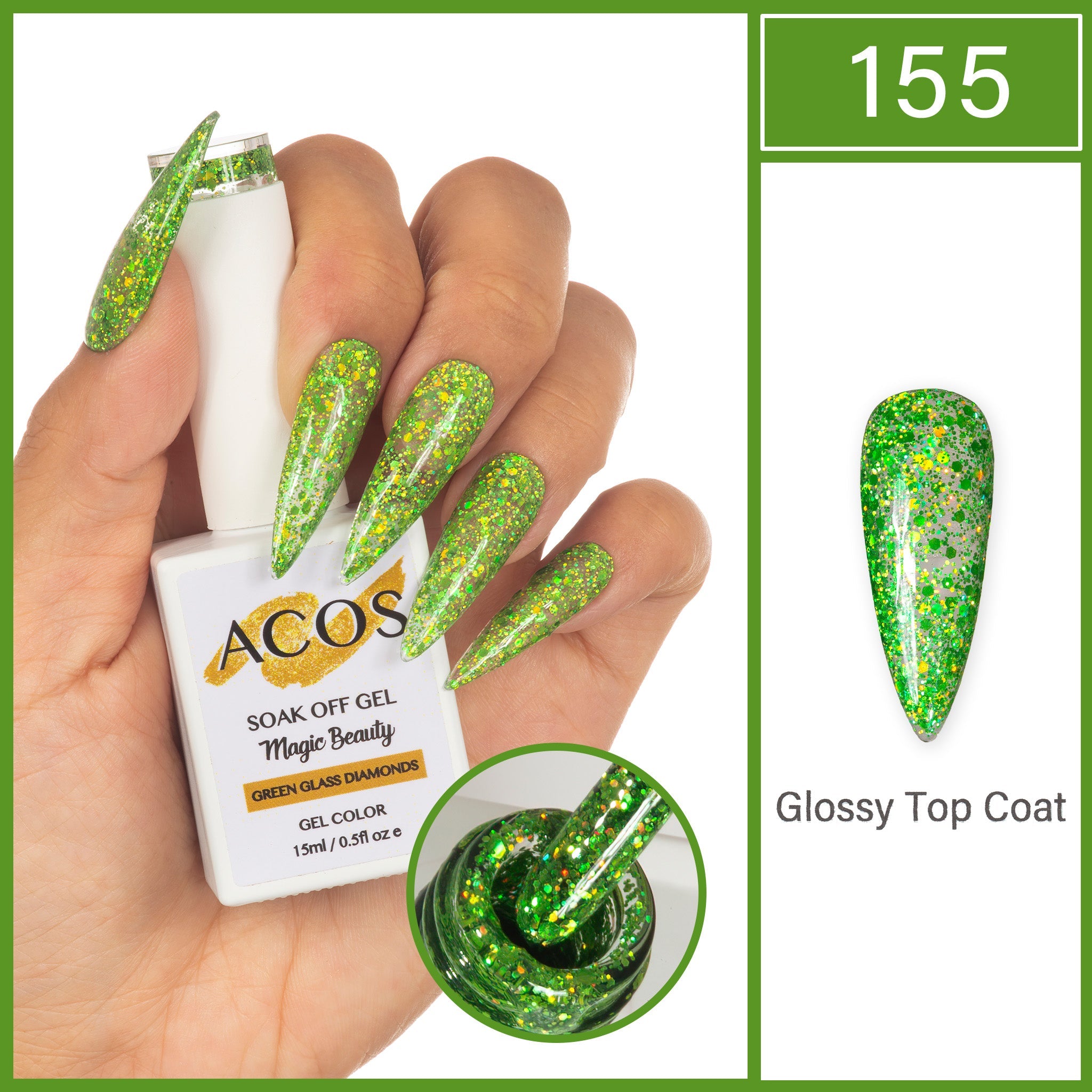 ACOS Magic Beauty Gel Polish Green Glass Diamonds(155) - Lashmer