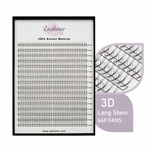 XL tray-Long Stem Premade Fans | Lashmer | B, C, D Curl--3D - 16 Lines - 640 Fans, Ultra Black - Lashmer