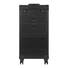 A black metal rolling storage case with three drawers, lockable latches, and caster wheels, shown against a plain white background.