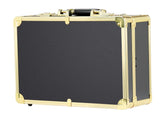 Black suitcase with gold trim on a white background