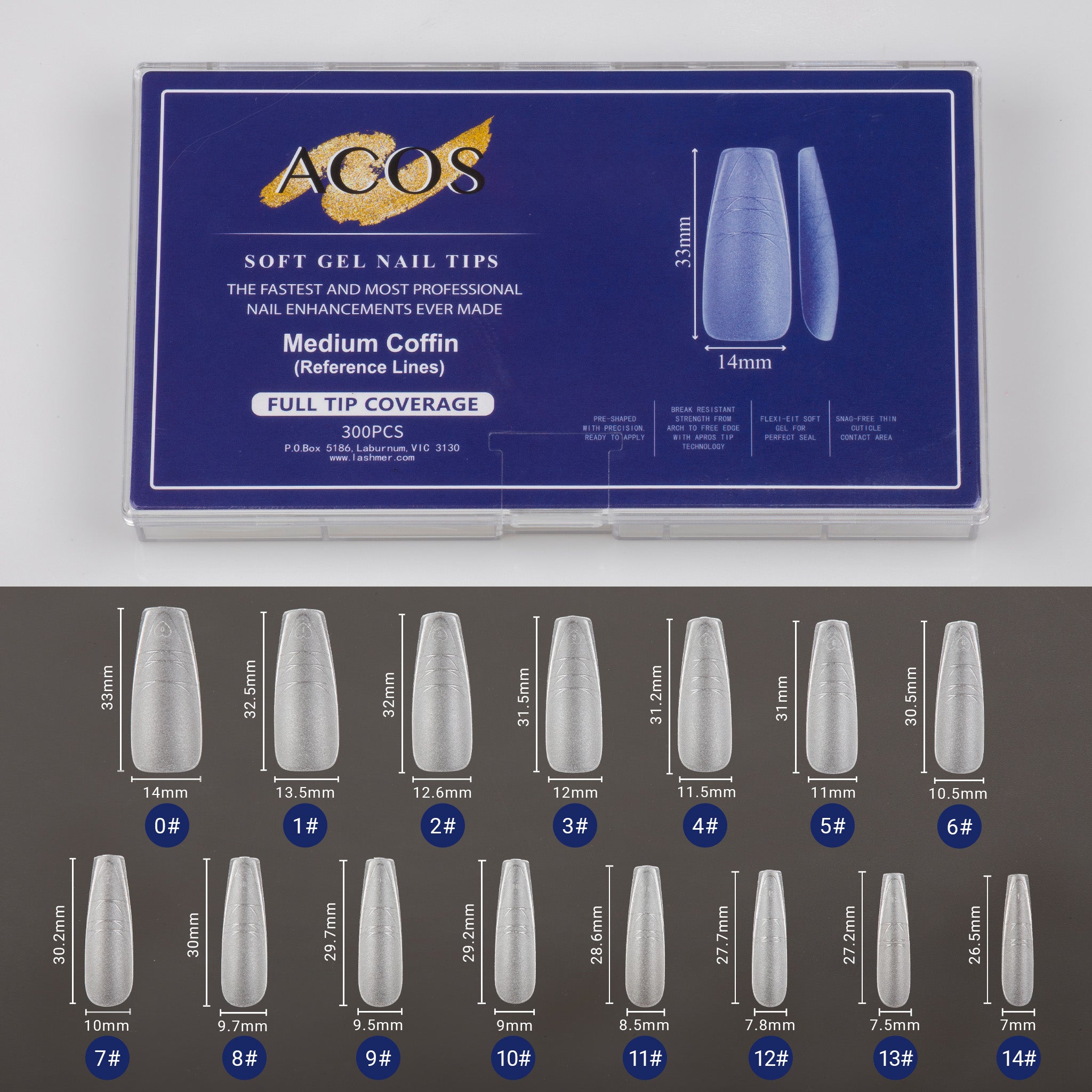 ACOS Soft Gel Nail Tips (Full Tip Coverage with lines) -Medium Coffin - Lashmer