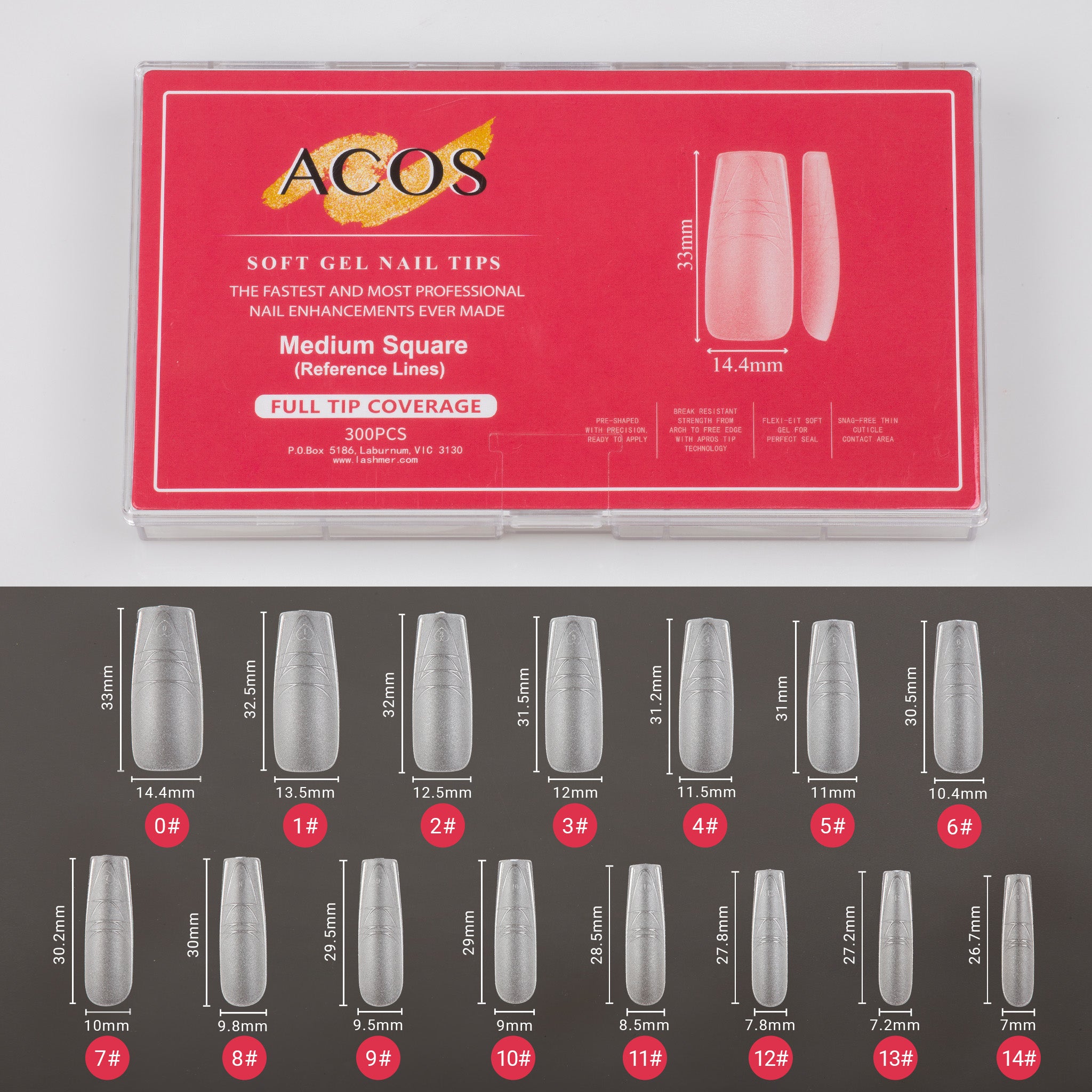 ACOS Soft Gel Nail Tips (Full Tip Coverage with lines) -Medium Square - Lashmer