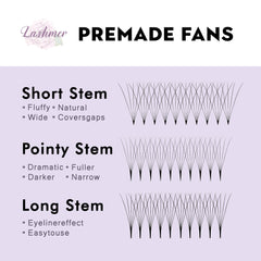 XL tray-Long Stem Premade Fans | Lashmer | C, D Curl--6D(thickness 0.10) - 16 Lines - 320- Fans, Ultra Black - Lashmer