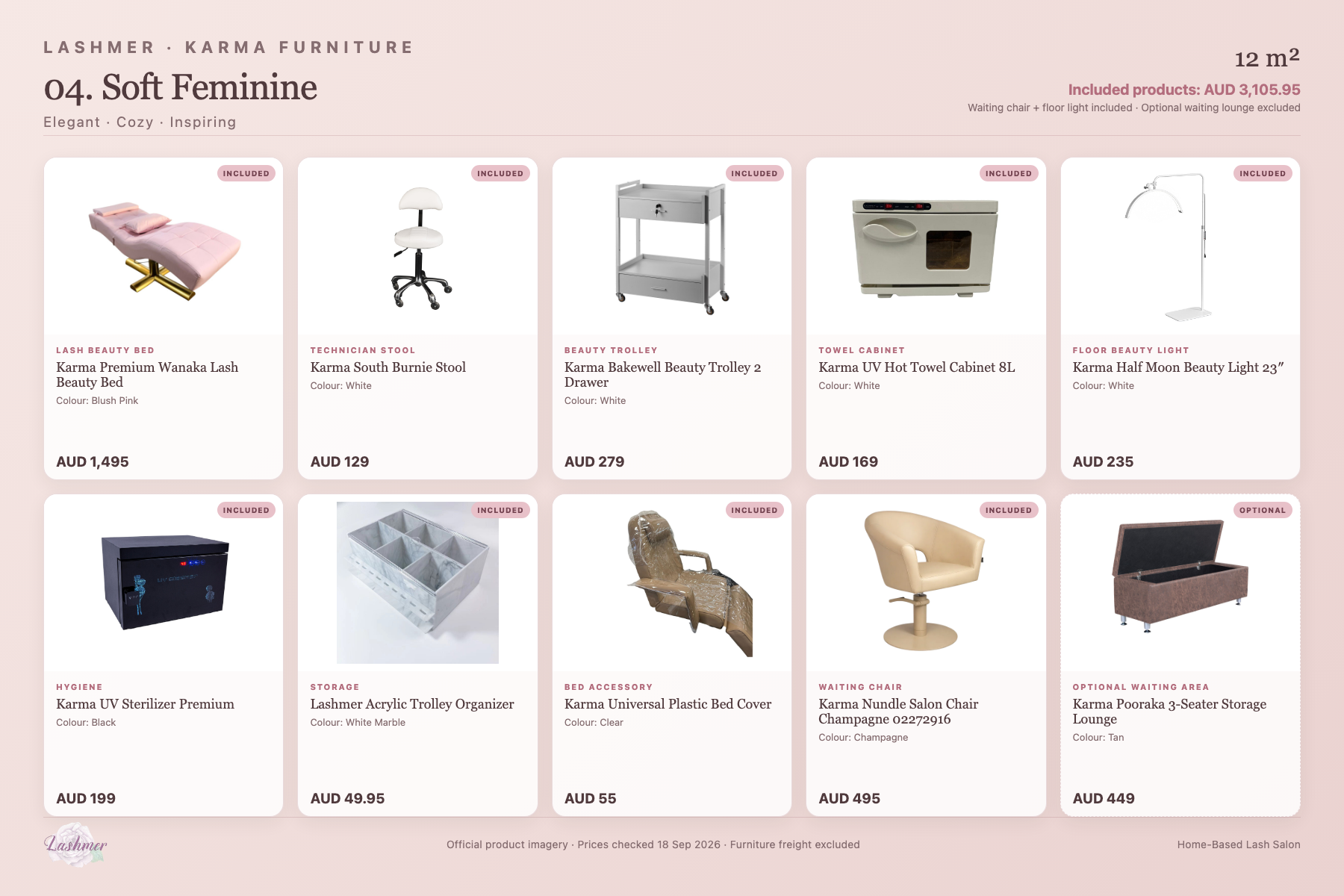 Soft Feminine package product schedule with included furniture and optional lounge