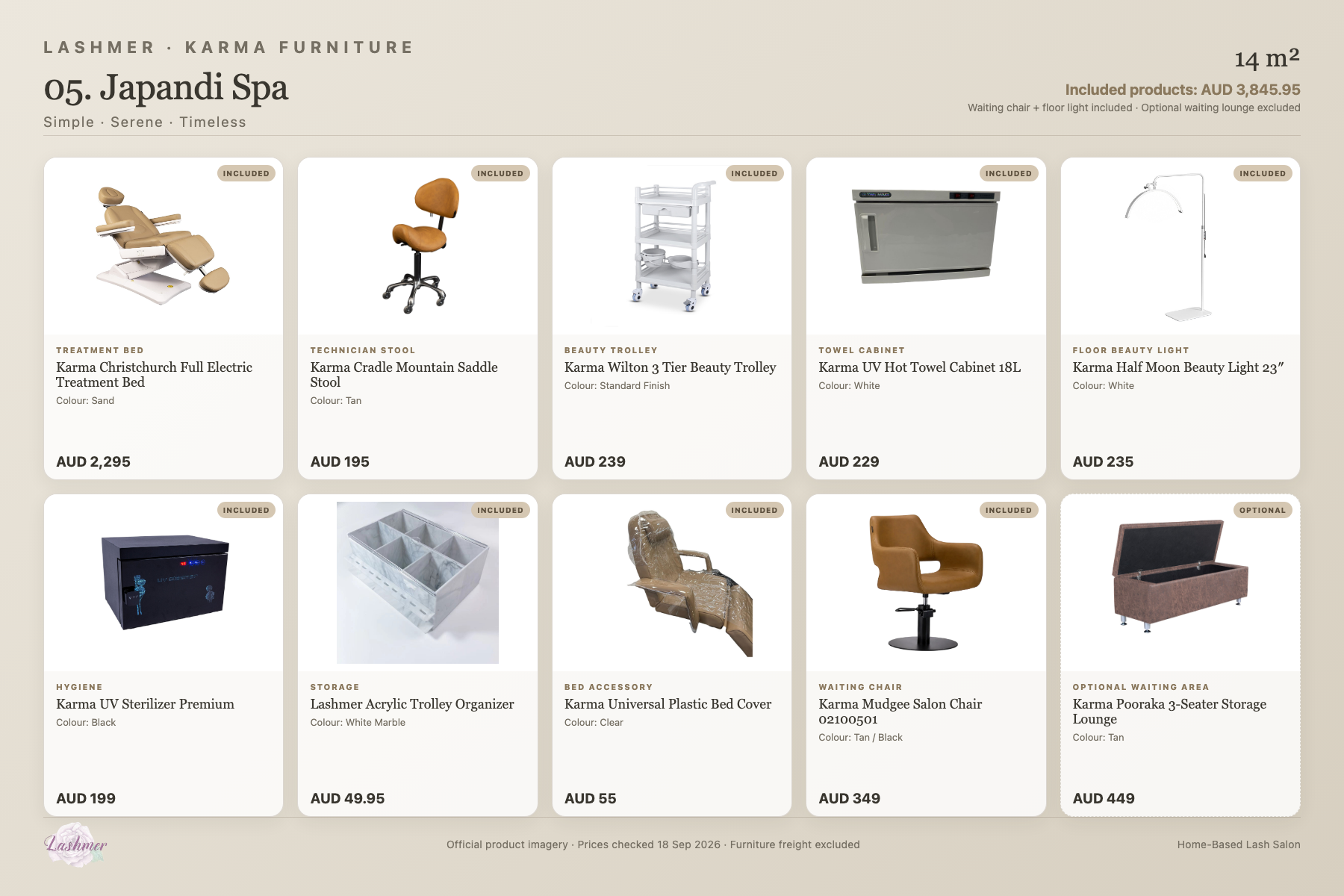 Japandi Spa package product schedule with included furniture and optional lounge
