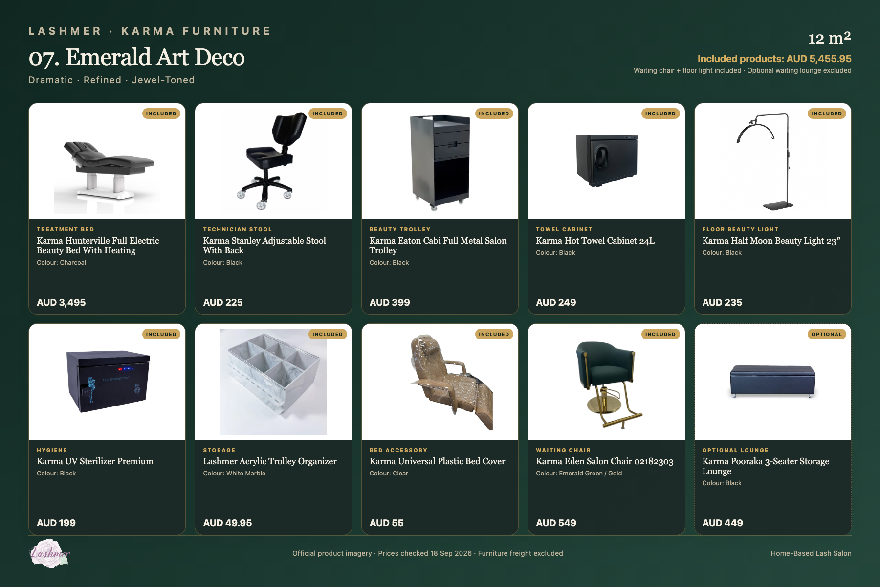 Emerald Art Deco package product schedule with included furniture and optional lounge
