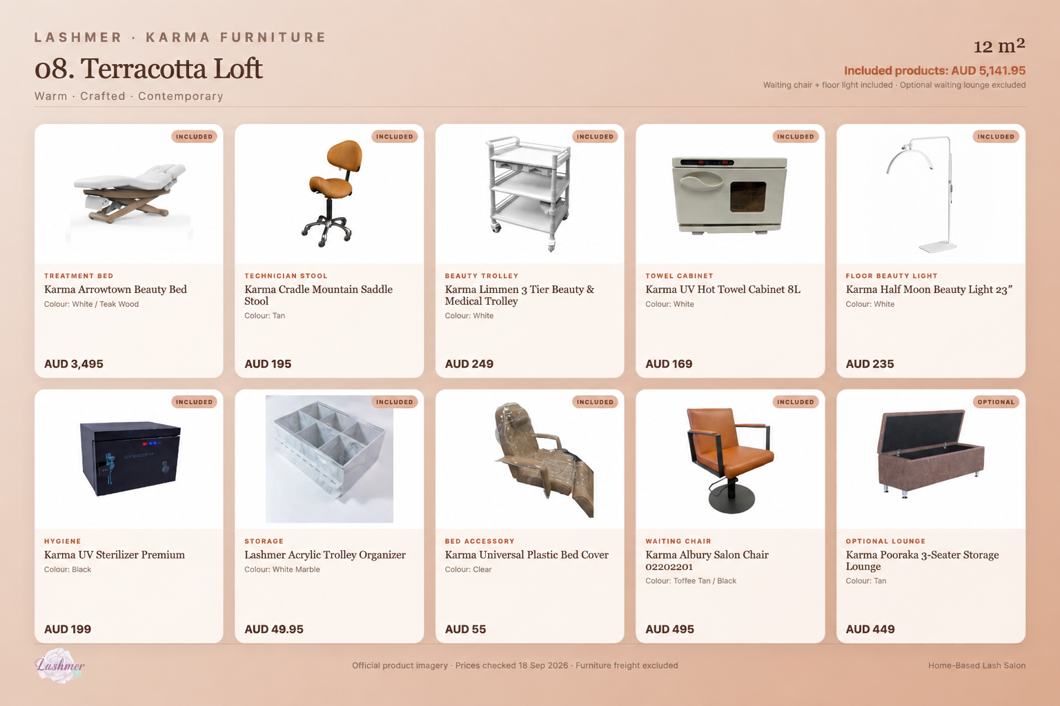 Terracotta Loft package product schedule with included furniture and optional lounge