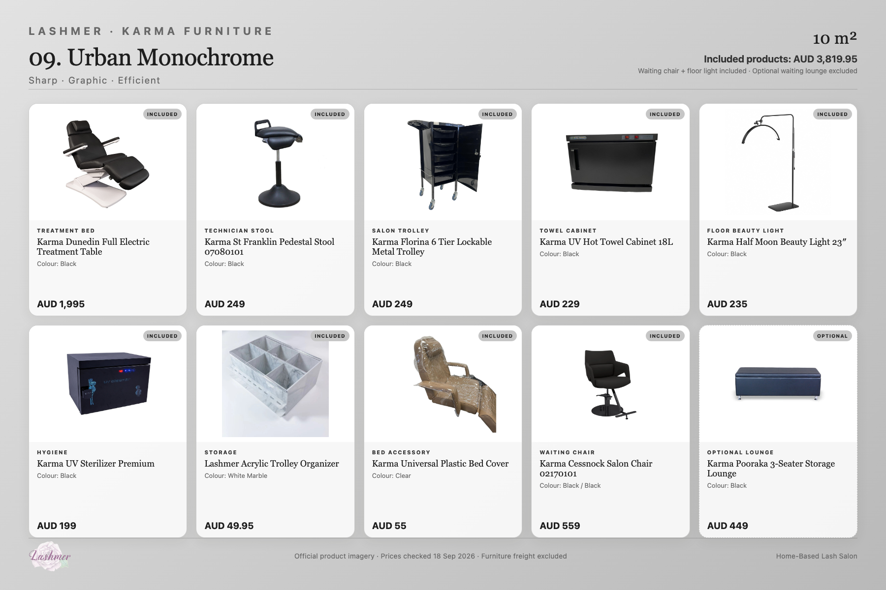 Urban Monochrome package product schedule with included furniture and optional lounge