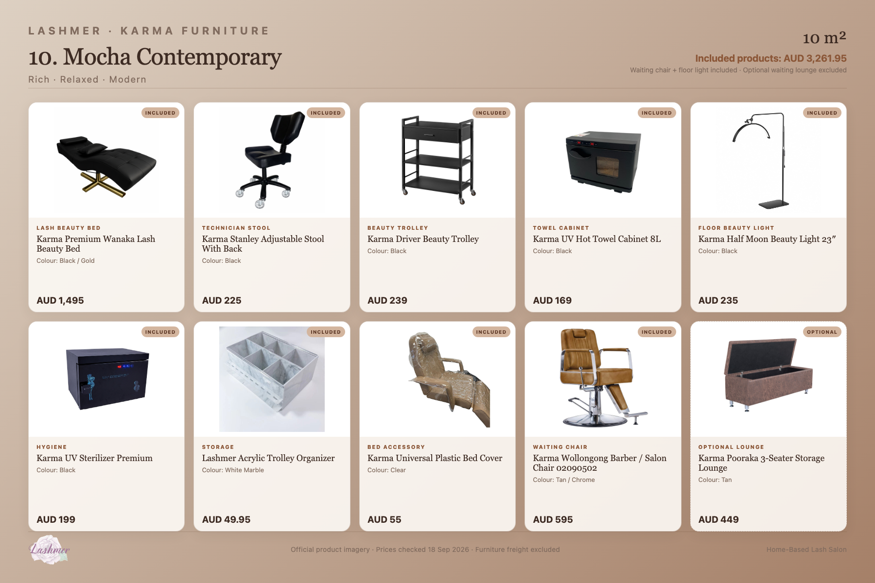 Mocha Contemporary package product schedule with included furniture and optional lounge