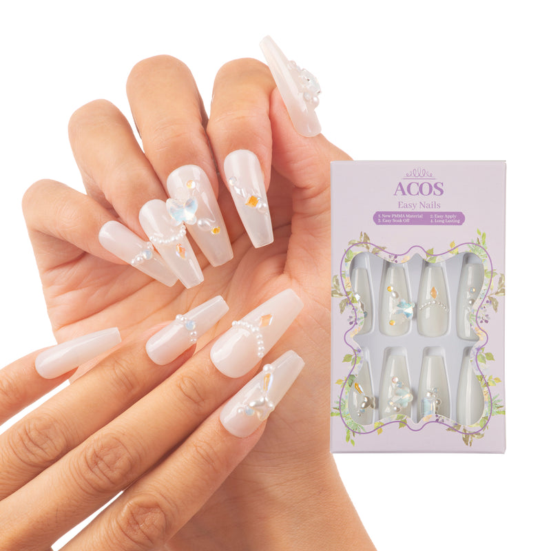ACOS Long Coffin Easy Nails  (White Pearl design) - Lashmer Nails&Eyelashes Supplier
