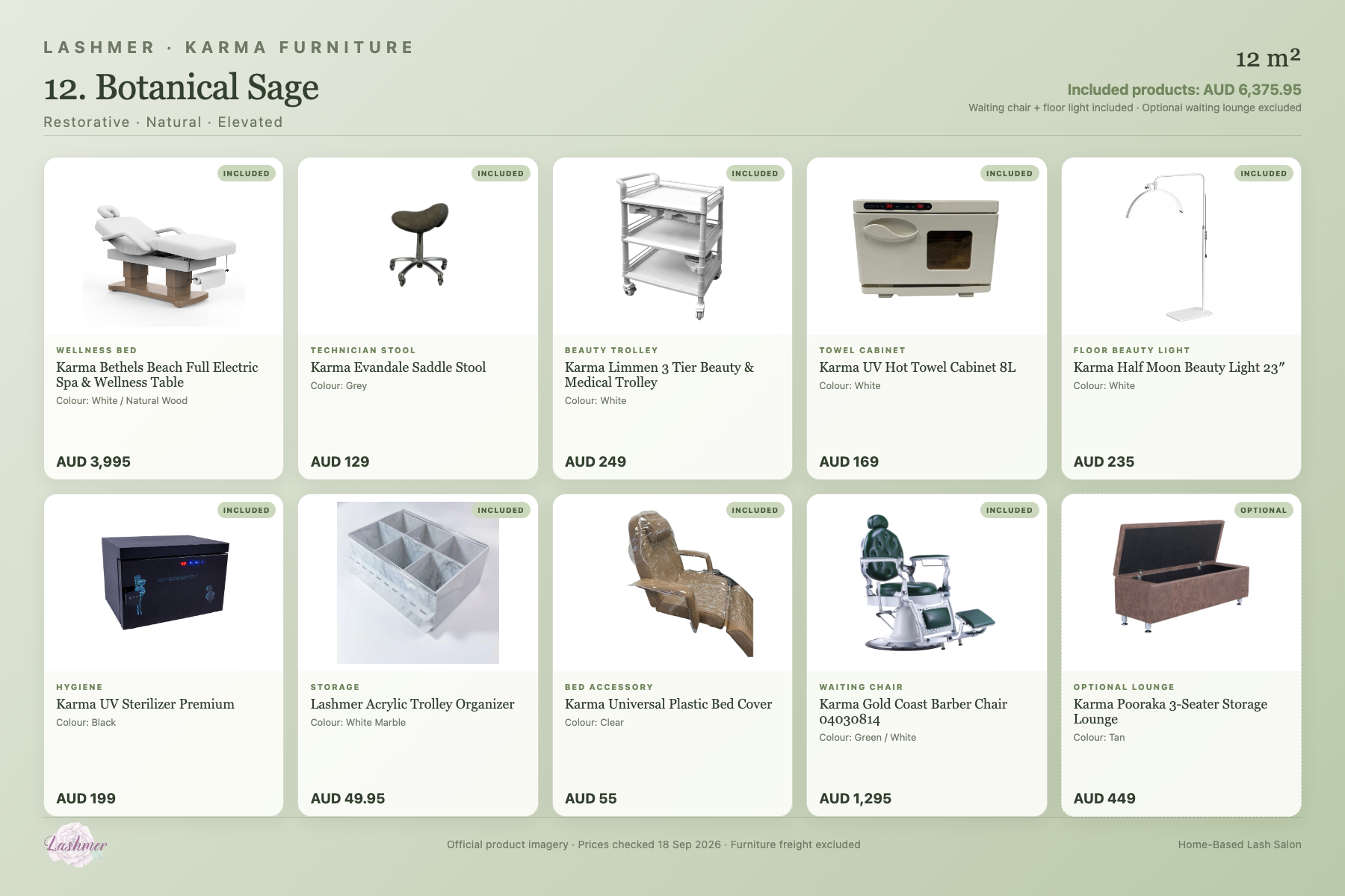 Botanical Sage package product schedule with included furniture and optional lounge
