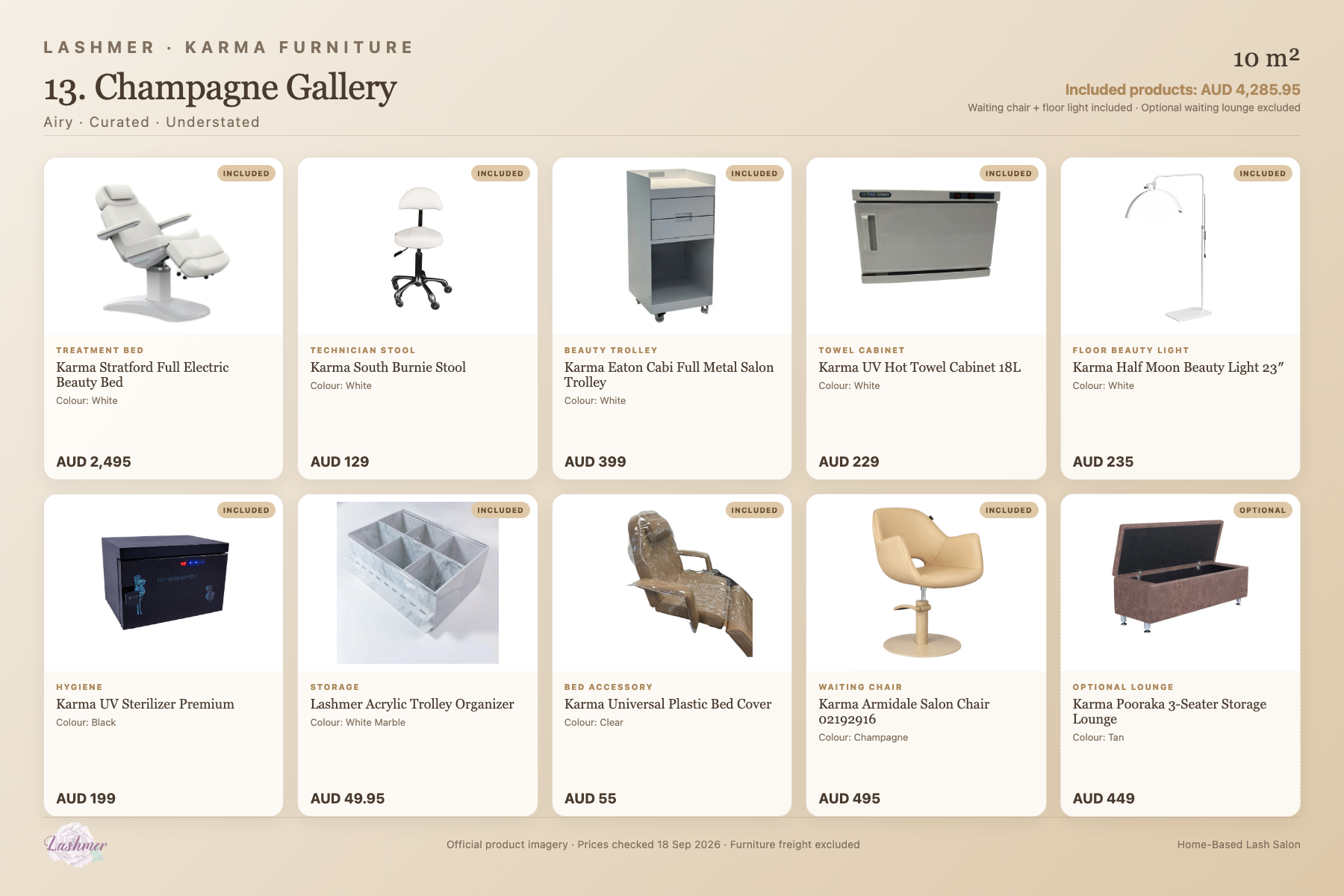Champagne Gallery package product schedule with included furniture and optional lounge