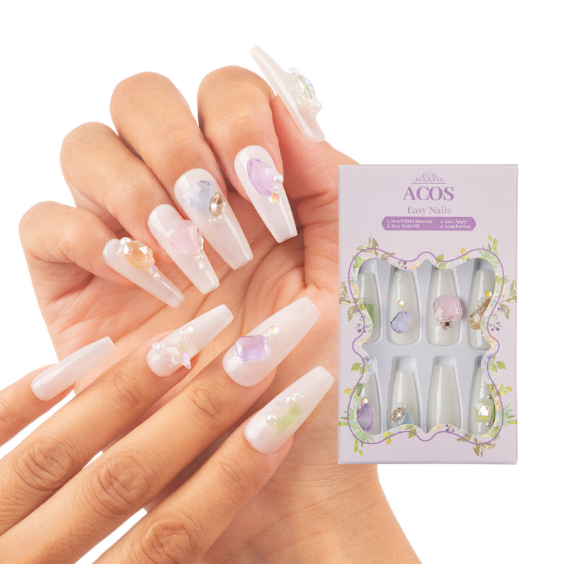 ACOS Long Coffin Easy Nails  (Color Stone design) - Lashmer Nails&Eyelashes Supplier