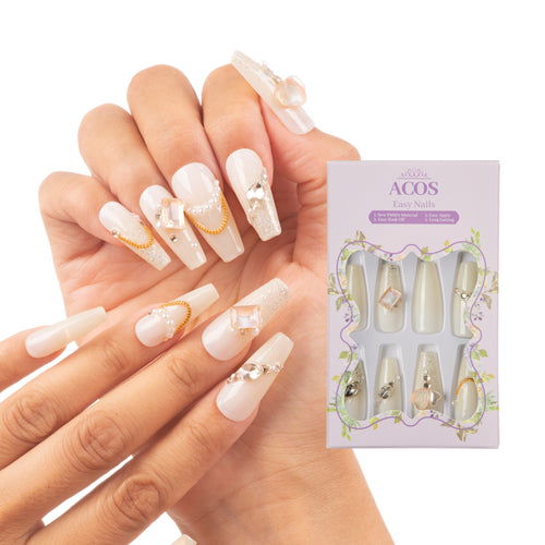ACOS Long Coffin Easy Nails  (Gorgeous pearl design) - Lashmer Nails&Eyelashes Supplier