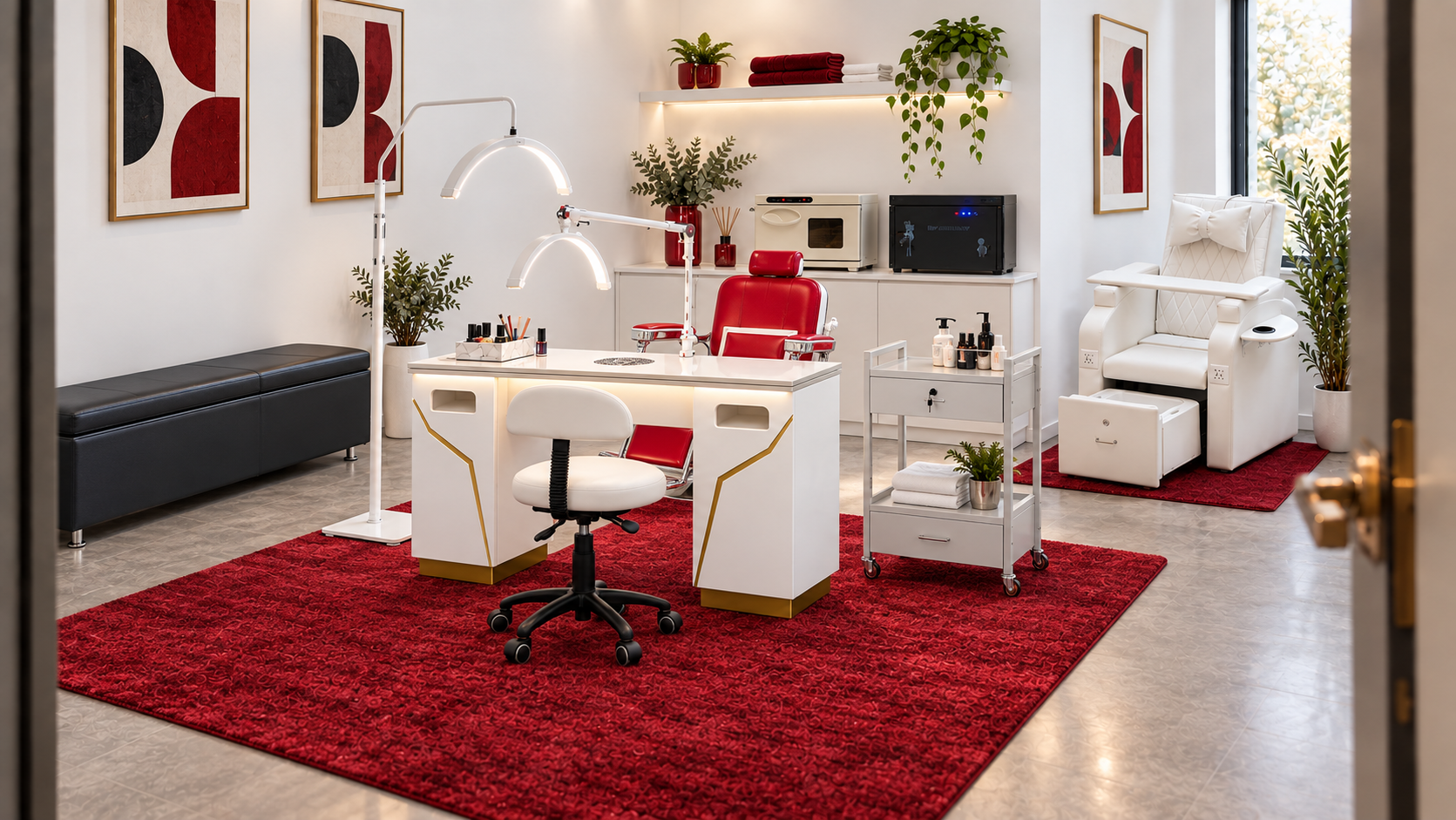 Retro Rouge nail salon interior with white walls