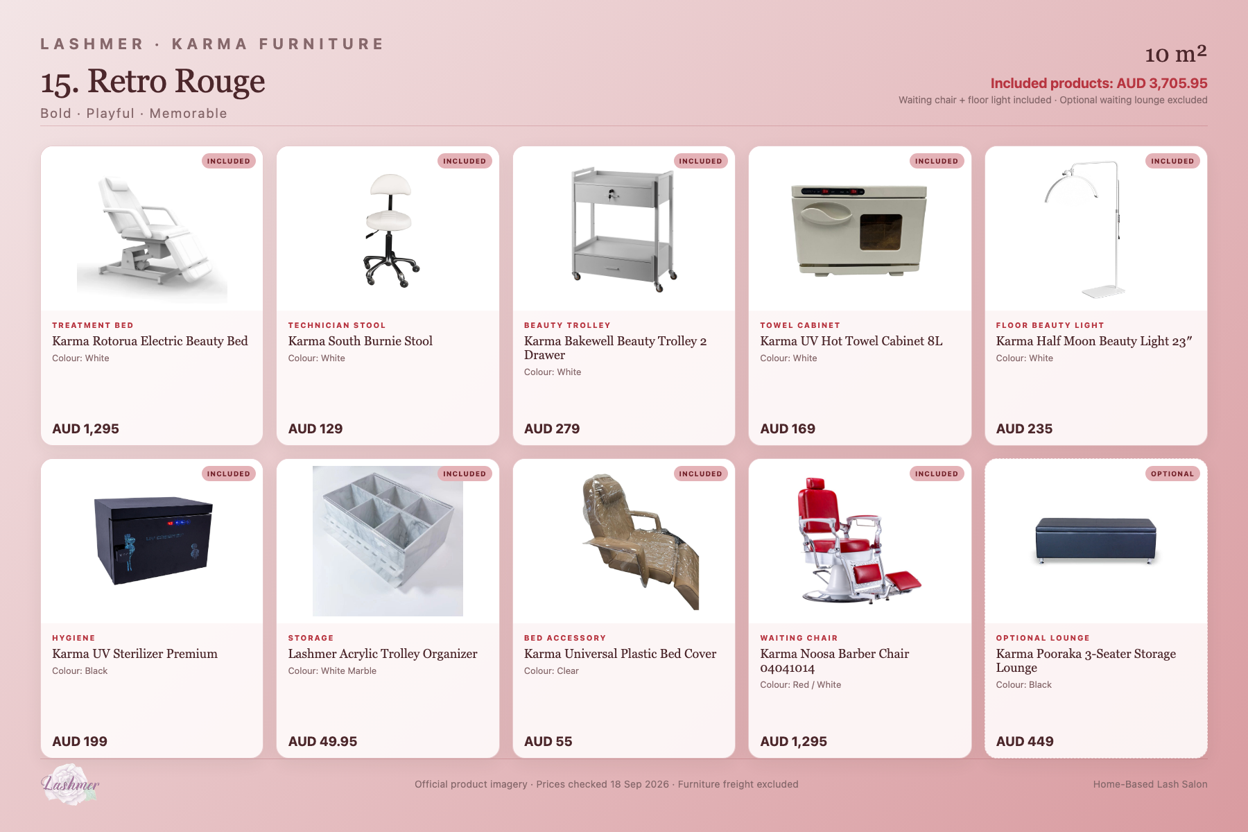 Retro Rouge package product schedule with included furniture and optional lounge