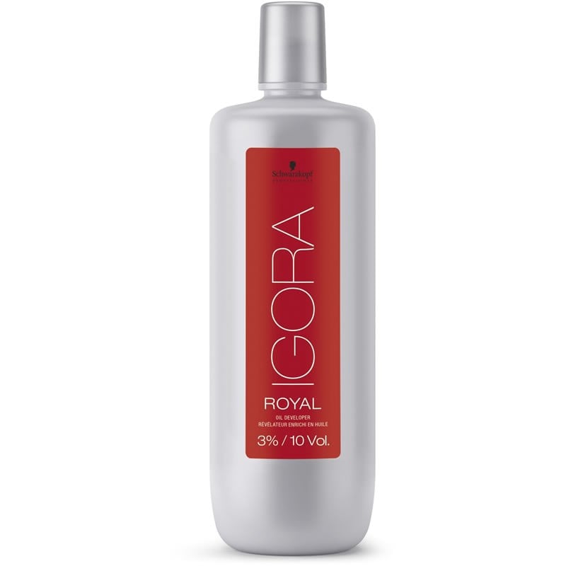 A bottle of Schwarzkopf Igora Royal hair developer, 3% / 10 Vol., with a metallic silver body and cap, and a prominent red label on a white background.