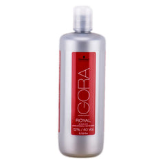 A bottle of Schwarzkopf GORA Royal hair developer, 12% / 40 Vol, in a metallic silver bottle with a red label and a clear cap, on a white background.