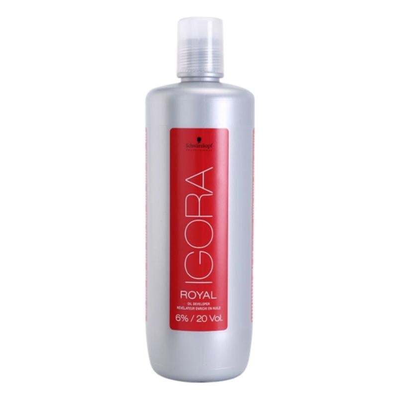 A bottle of Schwarzkopf Igora Royal hair developer, 6% / 20 Vol, in a metallic silver bottle with a red label and a clear cap, on a white background.