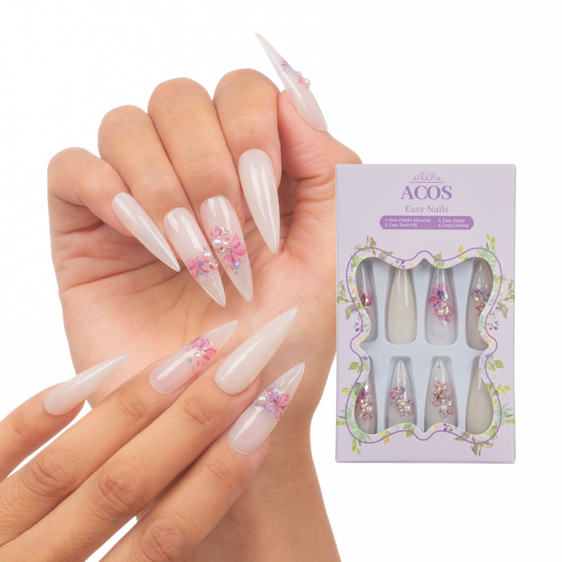 ACOS  Long Pointy Easy Nails  (Pink Flower) - Lashmer Nails&Eyelashes Supplier