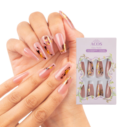 ACOS Long Coffin Easy Nails  (transparent nude pink design) - Lashmer Nails&Eyelashes Supplier