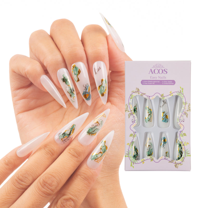 ACOS  Long Pointy Easy Nails  (Green Marble) - Lashmer Nails&Eyelashes Supplier