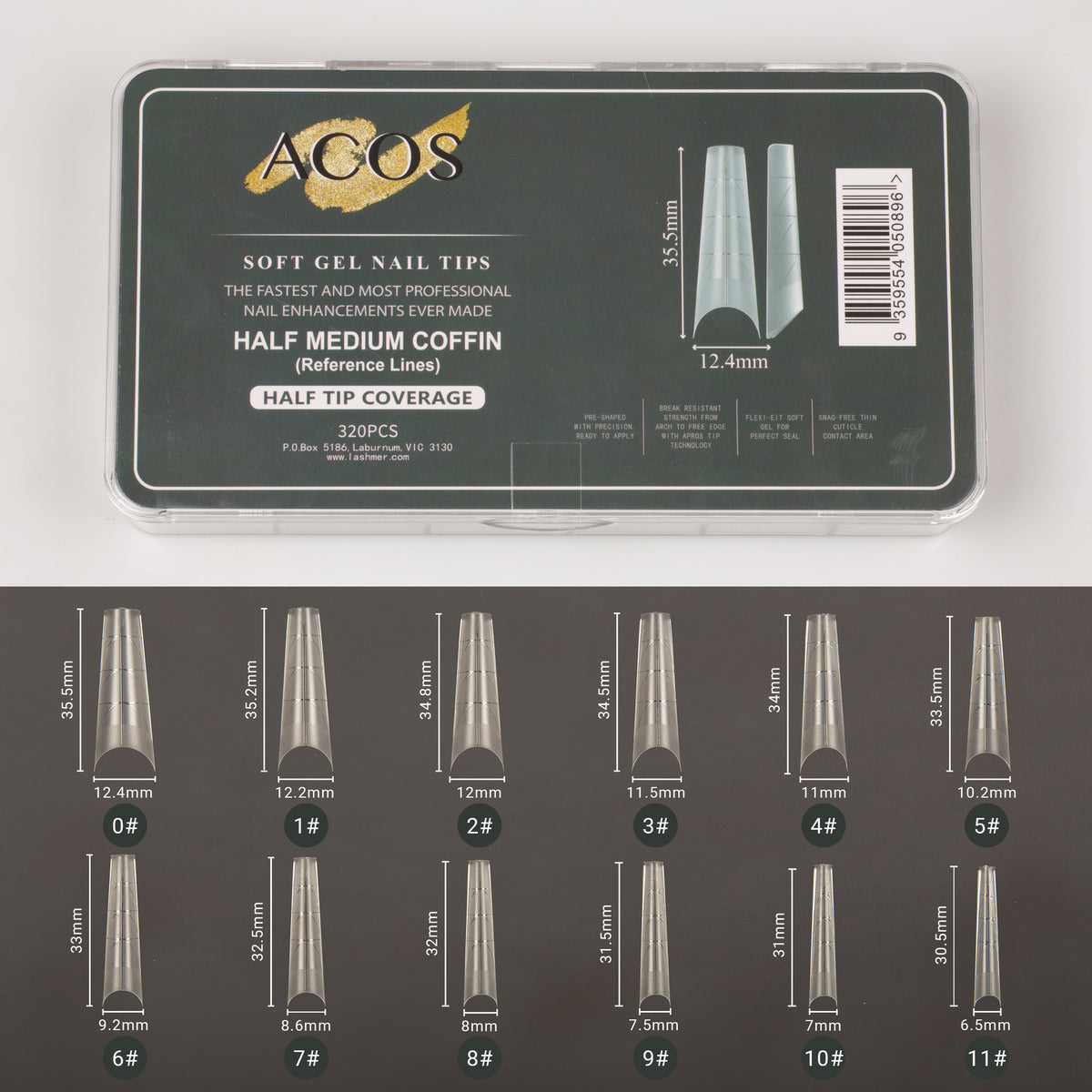 ACOS Soft Gel Nail Tips (Half Tip with lines) -Coffin (312pcs/box)