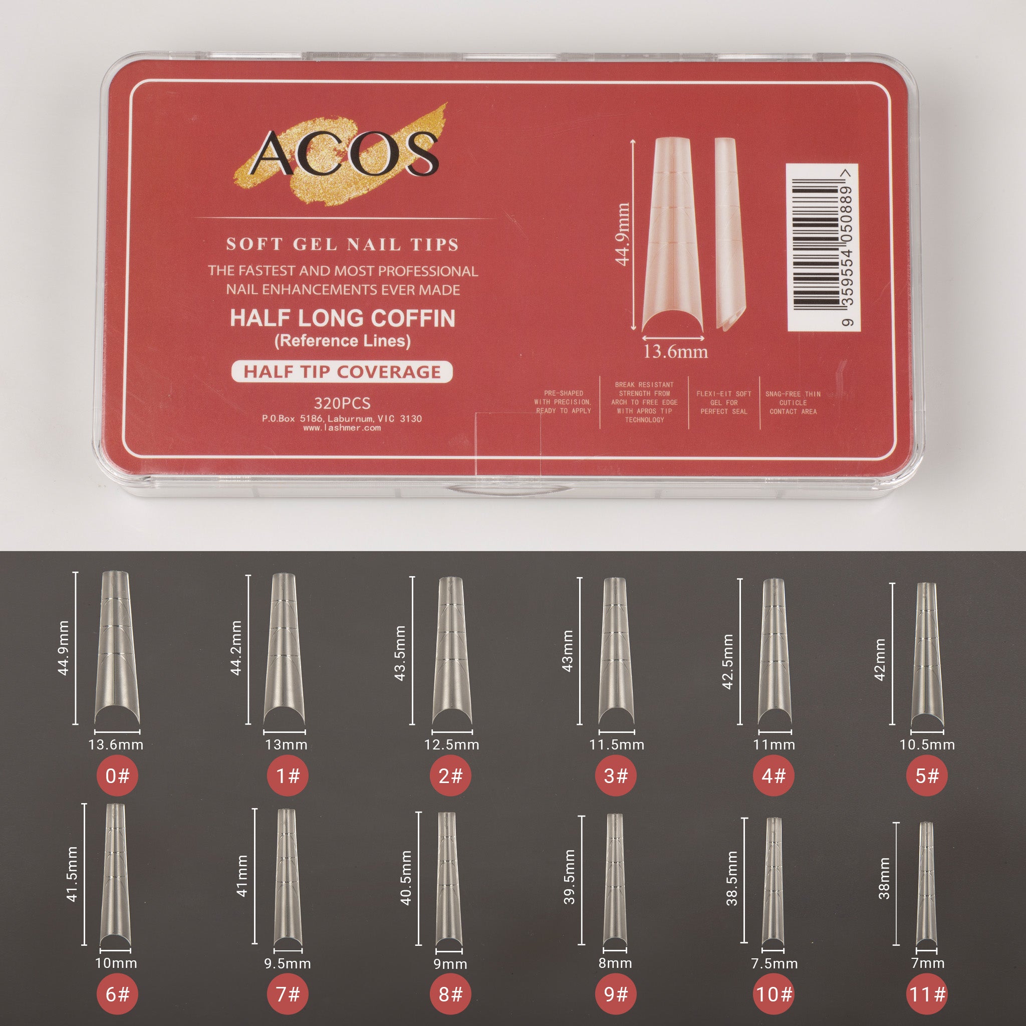 ACOS Soft Gel Nail Tips (Half Tip with lines) -Coffin (312pcs/box)