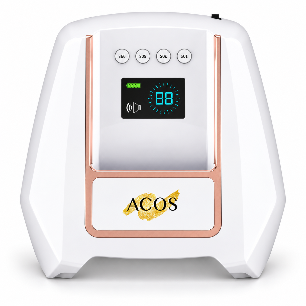 A white ACOS electronic device with a digital display screen, four control buttons, and rose gold trim, shown on a clean white background.