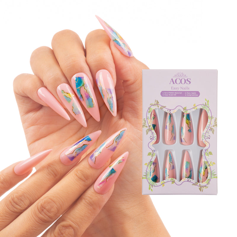 ACOS Long Pointy Easy Nails  (Color Marble) - Lashmer Nails&Eyelashes Supplier
