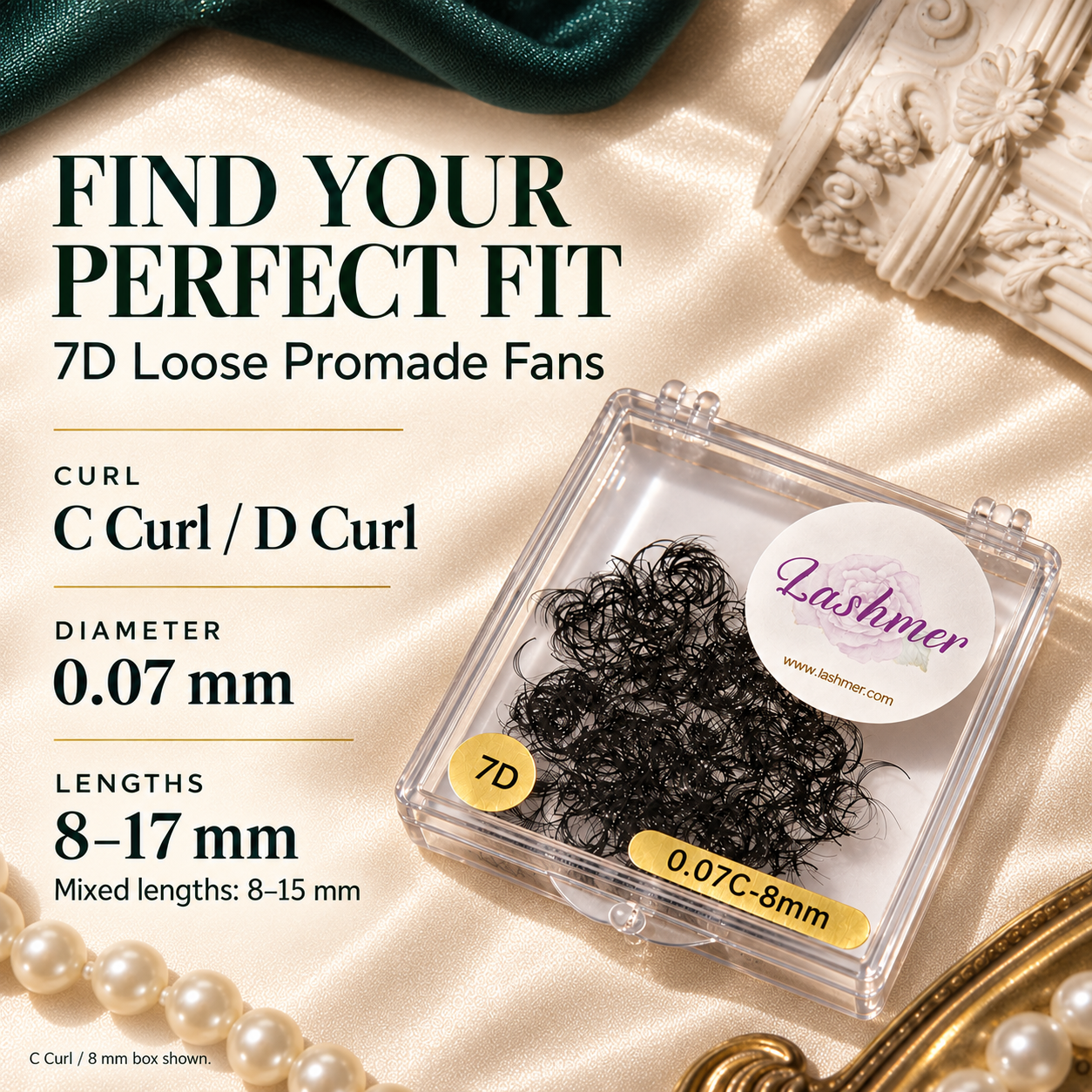 Promotional product image for 7D loose promade fans of the brand Lashmer. The black curled eyelash fans are displayed inside a clear plastic box on a beige satin fabric background with decorative pearls and a gold mirror frame.