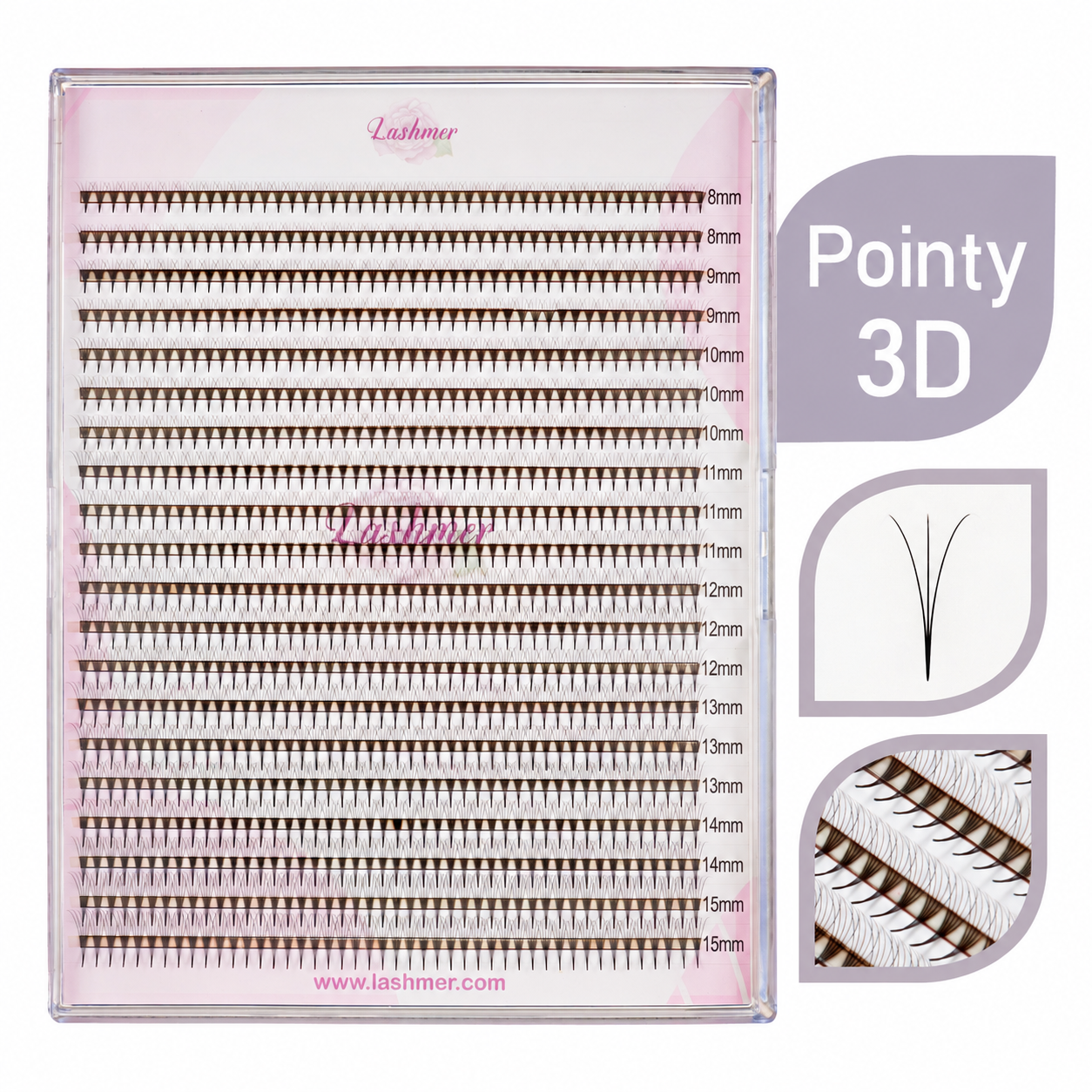 A pack of 3D pointy eyelash extensions in a clear plastic tray with a pink interior, shown alongside informational graphics detailing the 'Pointy 3D' shape and lash density.
