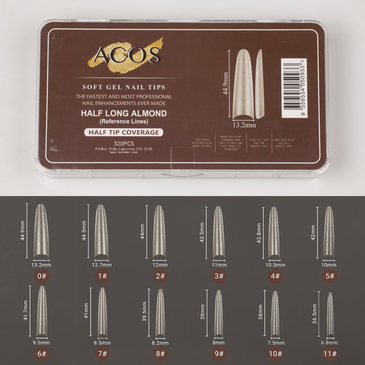 ACOS Soft Gel Nail Tips (Half Tip with lines) -Long Almond(312pcs/box)