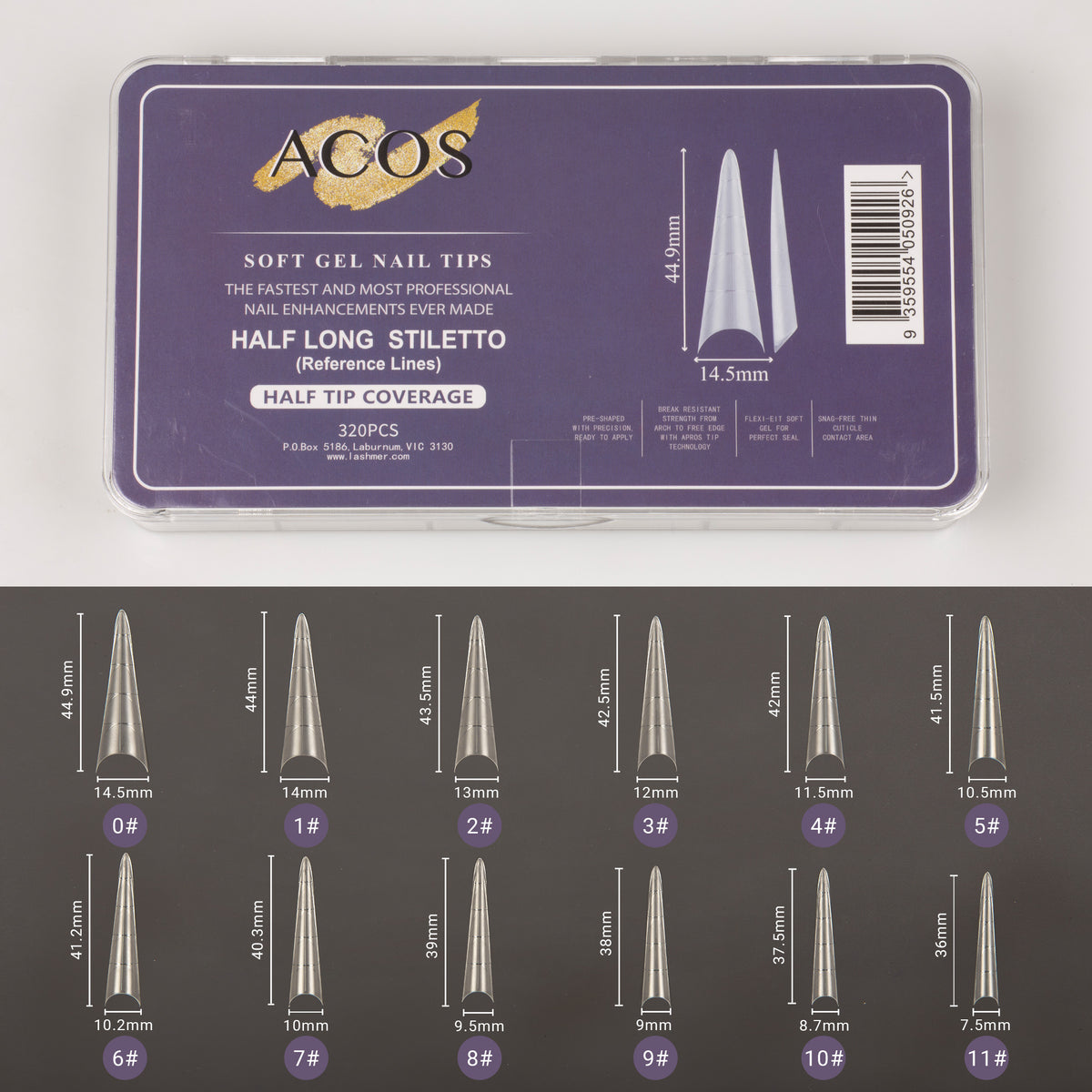 ACOS Soft Gel Nail Tips (Half Tip with lines) -Long Stiletto(312pcs/box)