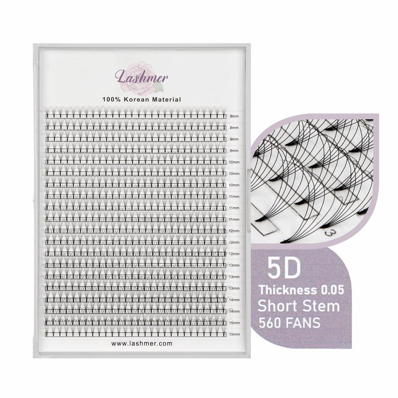 XL tray-Short Stem Premade Fans | Lashmer | B, C, D Curl--5D (thickness 0.05)- 20 Lines - 560 Fans, Ultra Black - Lashmer