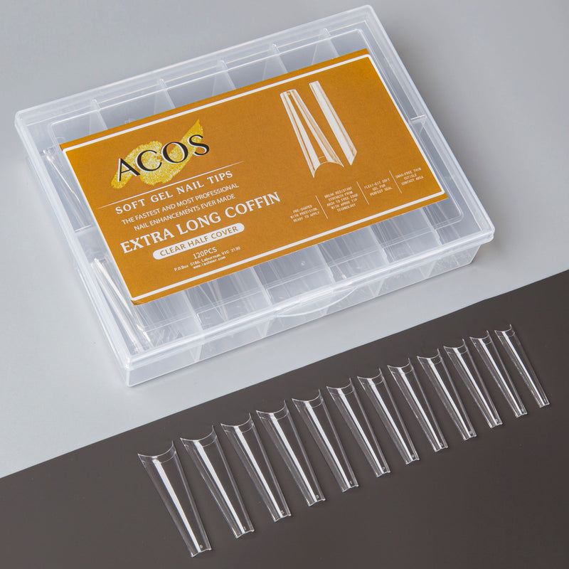 ACOS Soft Gel Nail Tips (Clear Half Cover) - Extra Long Coffin - Lashmer