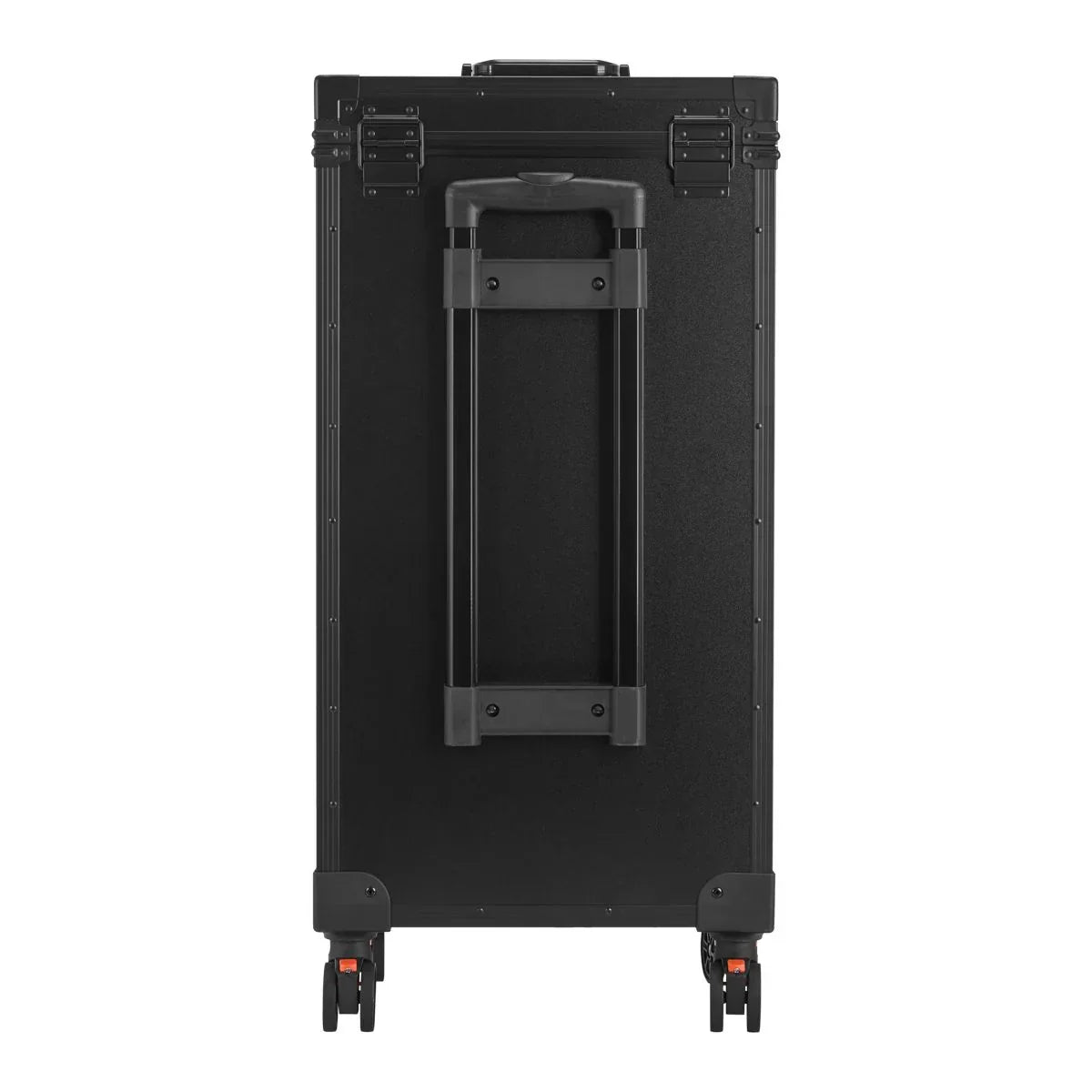 Black flight case with wheels and handle on a white background