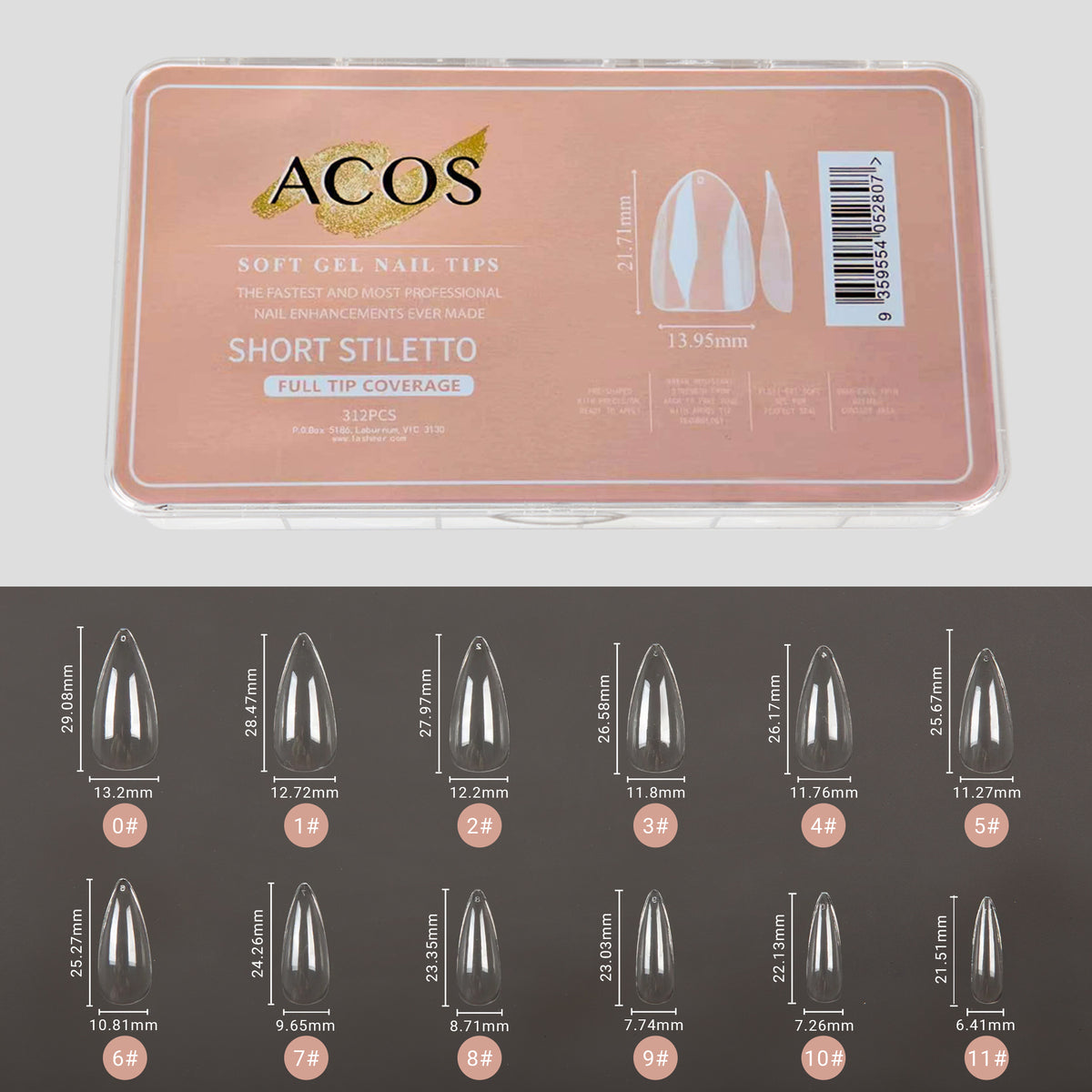Móng Giả ACOS Soft Gel (Phủ Kín Móng) - Dáng NHỌN (312 cái/hộp)