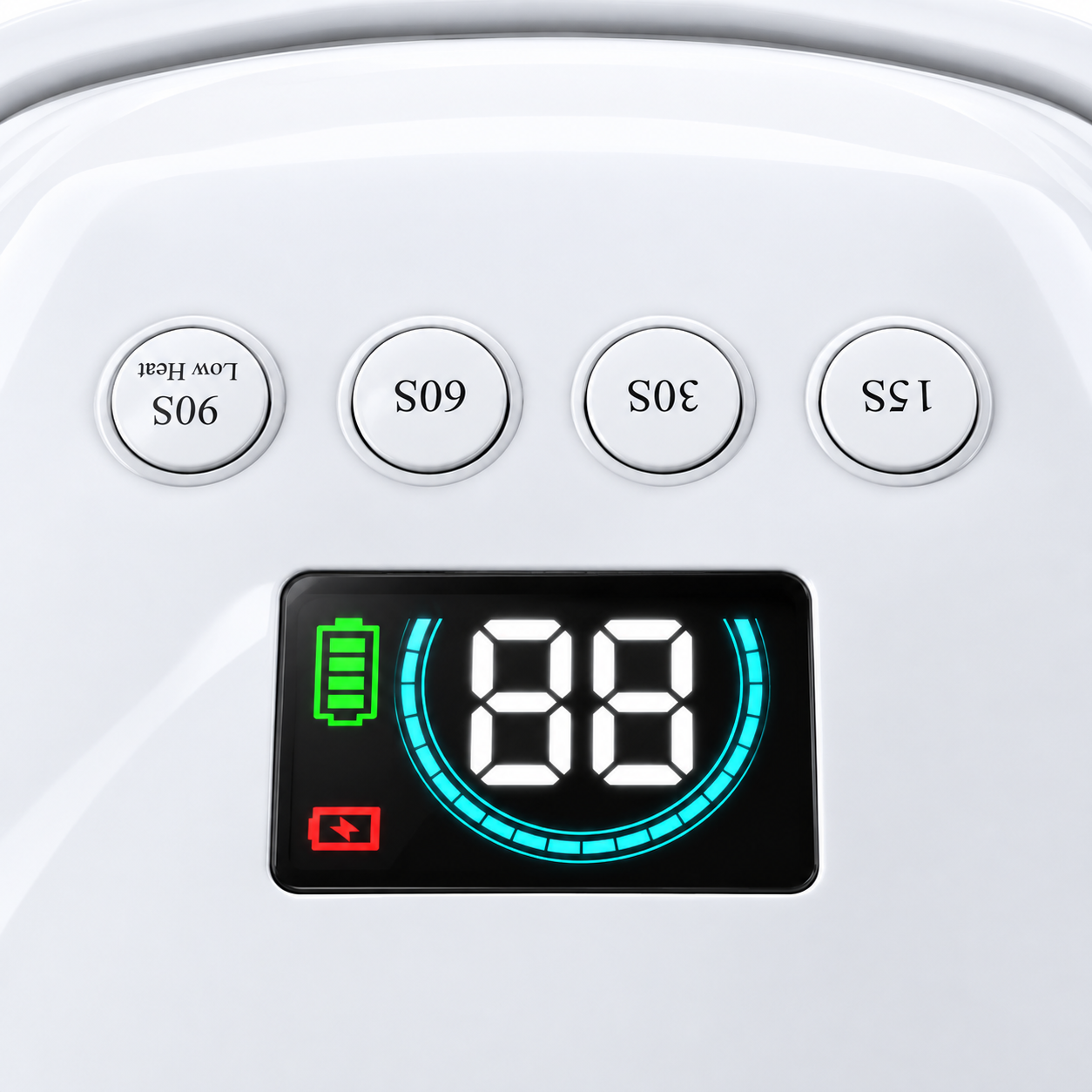 Close-up of a white electronic control panel with four round buttons labeled Low Heat 906, 609, 303, and 155, and a central digital display showing battery and temperature indicators.