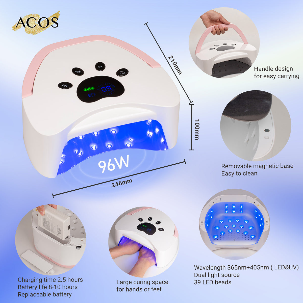 ACOS PRO Rechargeable Cordless Dual Hand Nail Lamp LED/UV 96W
