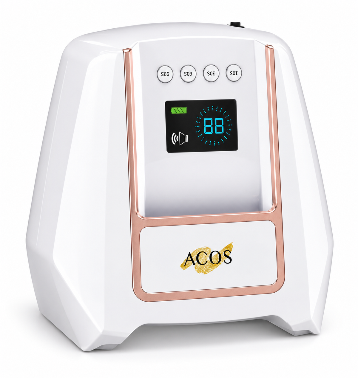 White ACOS beauty device with a digital display screen and control buttons on the front, featuring a rose gold accent frame and a gold leaf logo.