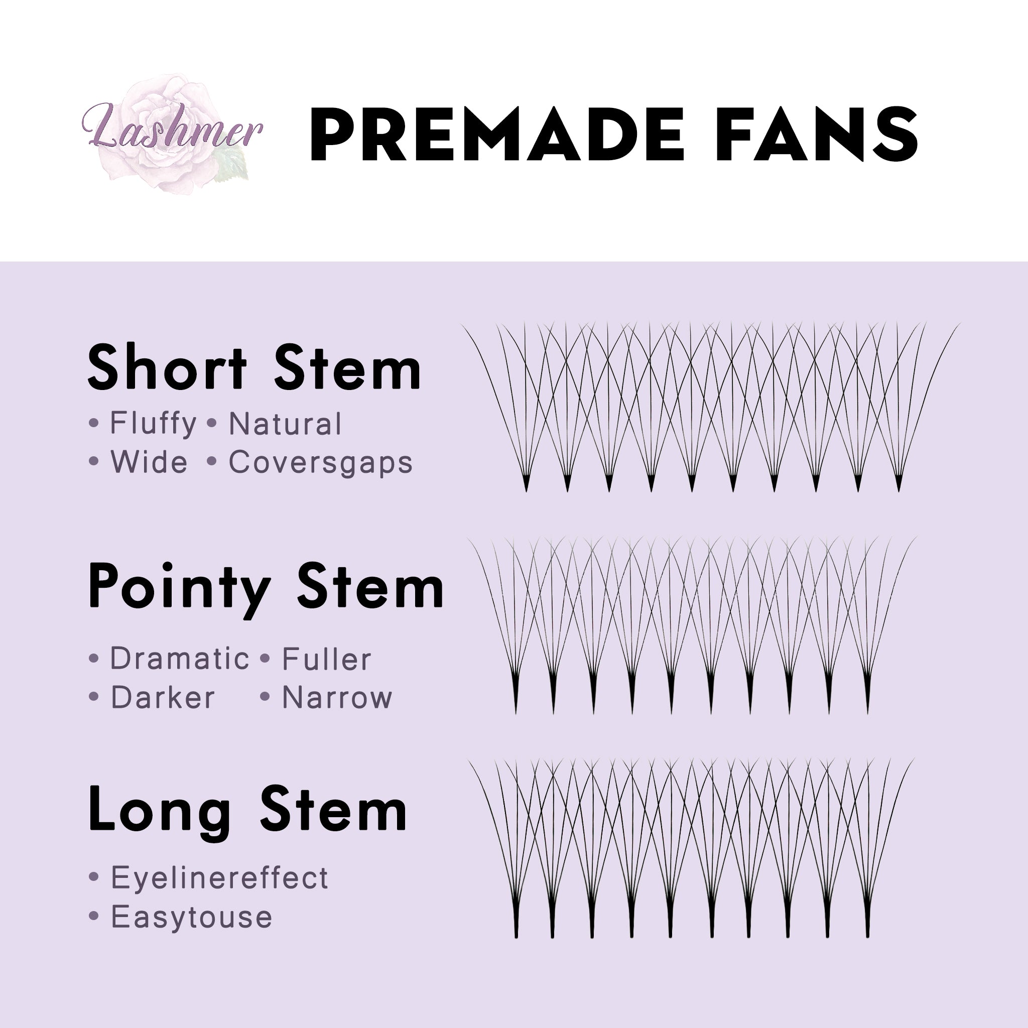 XL tray-Long Stem Premade Fans | Lashmer | C, D Curl--6D (thickness 0.07) - 16 Lines - 320 Fans, Ultra Black - Lashmer