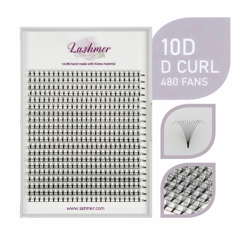 Short Stem Premade Fans | Lashmer | C, D Curl--10D - 20 Lines - 480 Fans, Ultra Black - Lashmer Nails&Eyelashes Supplier